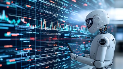Fototapete - Robot Figure Overlaid With Finance Market Charts and Forex Data   Double Exposure Effect Against Blue Backdrop Conveying High Tech Trading Concepts
