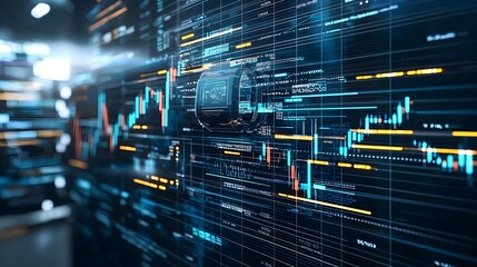 Fototapete - Futuristic robot silhouette with double exposure of forex charts and financial graphs  Deep blue tones highlight the concept of automated trading and financial data analysis powered by intelligence
