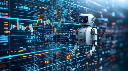 Fototapete - Futuristic AI powered robot silhouette with a double exposure of forex charts and financial graphs