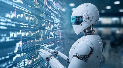 Poster - Futuristic robot silhouette in a blue digital landscape with double exposure of forex trading data and financial graphs
