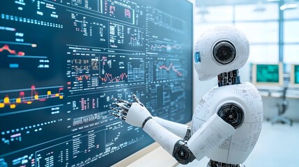 Poster - Double exposure of a robotic silhouette filled with forex trading data and financial graphs set against a cool blue background