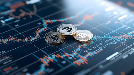 Fototapete - Upward Trending 3D Coins Graph Symbolizing Market Growth and Financial Progress on a Digital Market Interface with Blue Tones