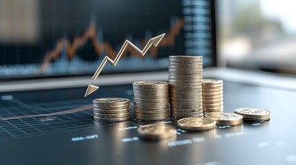 Poster - 3D digital rendering depicting a stack of coins placed alongside a rising vertical arrow with market graphs and charts displayed in the background over a blue gradient backdrop