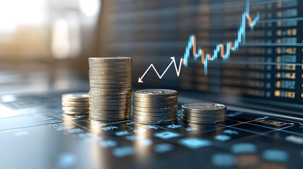 3D coin graph with prominent upward arrow depicting market growth and financial success set against a digital market interface and blue toned background