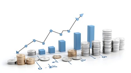 Poster - Digital rendering of an upward vertical arrow slicing through stacks of coins and a blue market graph symbolizing financial success growth and prosperity
