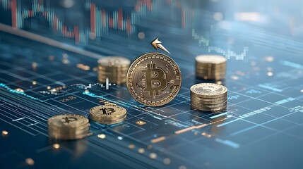 Poster - Futuristic digital arrow pointing upwards over a golden coins and chart overlay on a blue abstract background symbolizing investment finance and economic growth