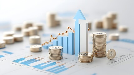 Poster - Digital rendering of an upward vertical arrow slicing through stacks of coins and a blue market graph symbolizing financial success growth and wealth