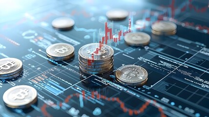 Poster - Innovative 3D digital representation of the financial market landscape featuring an ascending vertical arrow surrounded by dynamic charts graphs and currency elements to symbolize growth progress