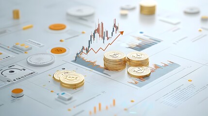 Poster - Dynamic 3D image of gold coins and an upward arrow symbolizing financial growth and prosperity with a detailed market graph overlaying a blue backdrop