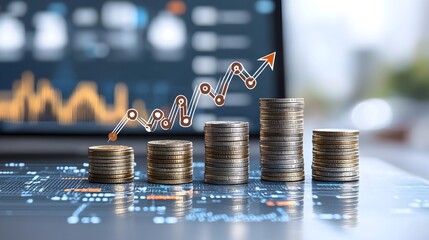 Fototapete - Futuristic high tech investment growth concept with a vertical arrow rising through a chart of coins representing market growth over a digital blue background  Financial analytics technology