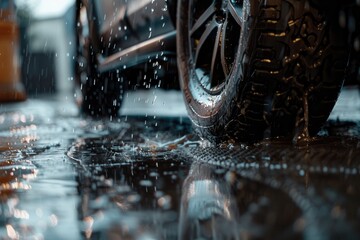 Aufkleber - A person is in the process of changing tires on a car while it rains, working on a slick, wet surface. Generative AI