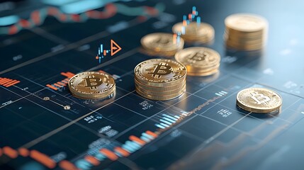 Poster - Dynamic 3D depicting gold coins and an upward arrow symbolizing financial growth and rising market performance with a detailed market graph overlaid on a blue backdrop