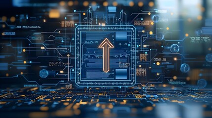 Leinwandbilder - High Tech Investment Concept with a Vertical Arrow Rising Through a Chart of Coins Representing Robust Market Growth Over a Sleek Digital Blue Background