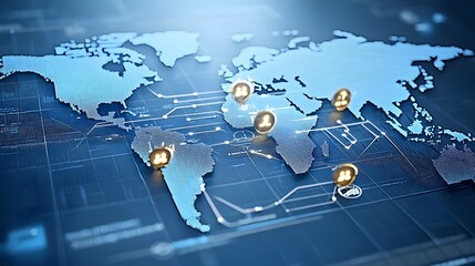 Aufkleber - Glowing arrows moving across a world map and business chart overlay symbolizing the global financial markets and their complex data driven nature