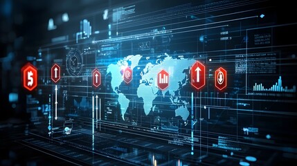 Fototapete - Glowing business chart with upward arrows overlaid on a world map representing global forex market growth on a sleek digital background  Illustrating the concept of financial analytics investment