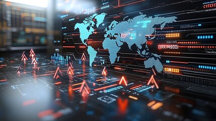 Aufkleber - Glowing upward arrows overlaid on a world map representing the growth and analytics of the global forex market on a sleek digital background