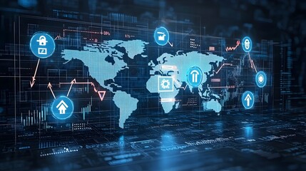 Aufkleber - Dynamic Forex Market Concept with Glowing Arrows on World Map and Business Chart Overlay Representing Currency Exchange and Global Financial Markets