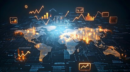 Aufkleber - Glowing World Map with Illuminated Arrows and Financial Data Visualization Representing the Dynamic Nature of Global Forex Trading and Market Trends