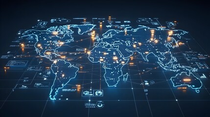 Fototapete - Glowing World Map with Business Chart Lines and Arrows Symbolizing Creative Forex Trading and Market Movements Set Against a Dark Background
