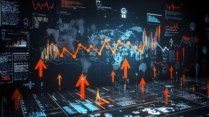 Fototapete - Conceptual of creative forex trading and global market movements depicted through a world map with glowing arrows and business chart lines set against a dark background