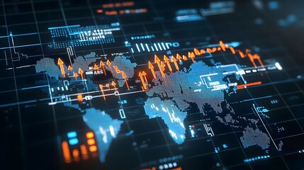 Fototapete - Glowing World Map with Illuminated Arrows and Dynamic Business Chart Lines Symbolizing Creative Forex Trading and Fluid Market Movements on a Dark Background