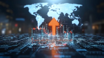 Fototapete - Glowing and dynamic forex arrows rising from a digital business chart overlaid on a world map background representing the global currency trading and financial markets