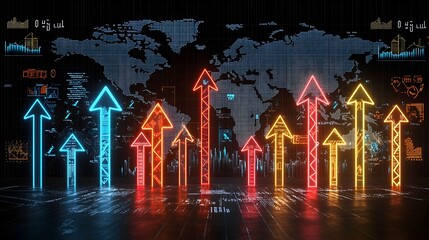 Fototapete - Glowing business chart with arrows and world map overlay symbolizing the growth and expansion of the global forex market international trade and economic development on a dark digital background