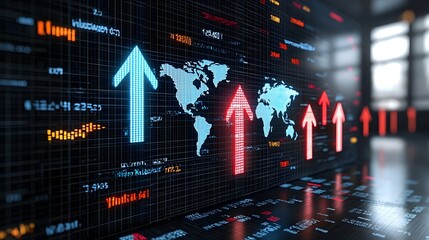 Fototapete - Glowing business chart with a world map overlay symbolizing the growth of the global forex market and international trade  The chart features arrows pointing upwards representing progress success