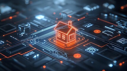 Fototapete - Glowing Digital Home Icon Surrounded by Intricate Circuit Lines and IoT Connections on a Futuristic Dark Background Representing Smart Technology and Innovation