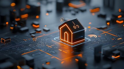 Leinwandbilder - Glowing Digital Home Icon Surrounded by Vibrant Circuit Lines and IOT Connections on a Deep Dark Background Showcasing Futuristic Technology and Smart Device Concepts