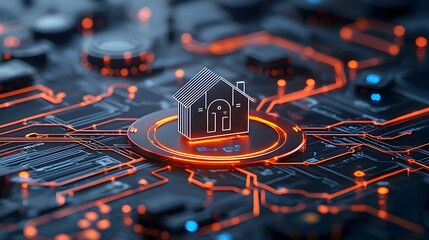 Fototapete - Close up view of a glowing digital home icon surrounded by intricate circuit lines symbolizing the of smart home technology and the Internet of Things IoT on a dark futuristic background