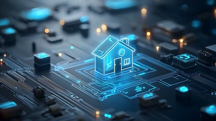 Leinwandbilder - 3D rendering of a smart home icon illuminated by blue digital circuits symbolizing the of intelligent system management and the Internet of Things IoT on a modern dark background