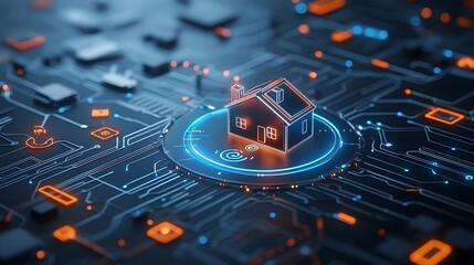 Poster - Glowing digital home icon surrounded by complex circuit lines and internet of things IOT connections on a dark futuristic background showcasing the concept of smart home technology and automation