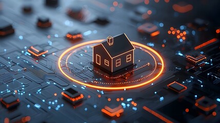 Leinwandbilder - of a glowing house icon encircled by interconnected circuit lines representing the concept of a smart home system and IoT Internet of Things technology set against a dark futuristic background