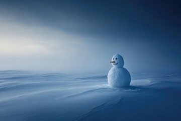 Canvas Print - A Solitary Snowman in a Vast Snowy Landscape Under a Clear Blue Sky