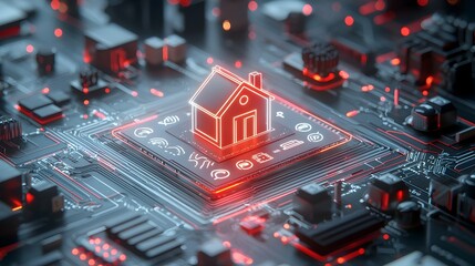 Innovative 3D of a futuristic smart home technologies system with a central glowing house icon surrounded by digital circuit lines on a dark background showcasing the concept of integrated