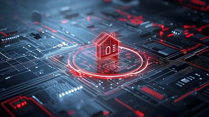 Leinwandbilder - Innovative 3D depicting smart home technologies with a central glowing house icon surrounded by futuristic circuit lines and digital elements on a deep dark background