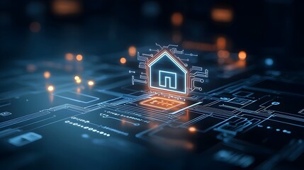 Leinwandbilder - Innovative smart home technology concept featuring a bright digital home icon connected by intricate circuit lines glowing against a dark modern background  Represents the interconnectivity