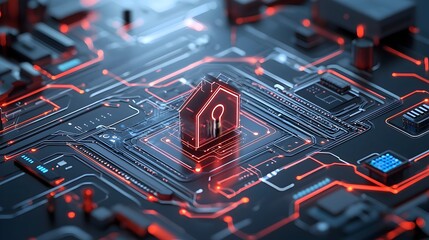 Leinwandbilder - Close up 3D rendering of a glowing smart home technology symbol surrounded by dynamic circuit lines and IOT connections on a sleek dark futuristic background