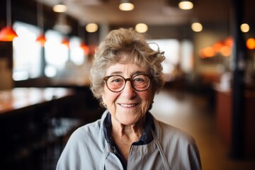 Wall Mural - Portrait of a smiling senior woman with glasses in a restaurant.