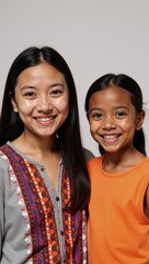 A cute smiling Native American teenager and an adorable African-American girl share the space in the image