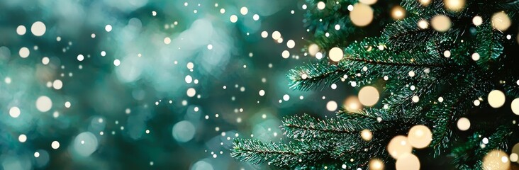 Fototapete - This Christmas banner design depicts a pine tree in space with copy space on a green background. It is modeled in 3D and illustrated in 3D.