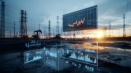 Aufkleber - Creative oil mining scene merging with a digital forex chart rising into the sky at sunset a striking visual metaphor for the growth and dynamic trends in market prices and financial investments