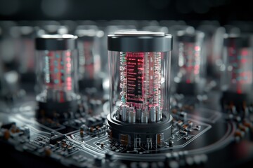 Leinwandbilder - Modern lab with sleek, minimalistic design, Illuminate quantum bits in action, vibrant colors represent quantum states
