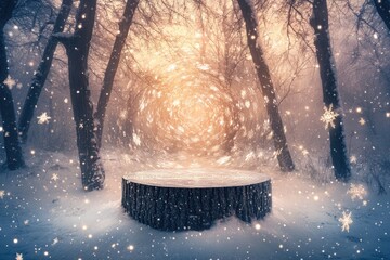 Poster - A Tree Stump in a Wintery Forest with Snowflakes and Lights