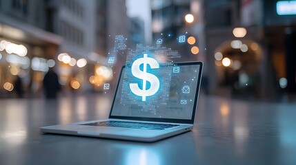 Aufkleber - Holographic Dollar Sign Glowing Above Laptop on Blurred Background Depicting Online Financial Transactions and Banking Innovation  Futuristic technology digital finance and modern banking concepts