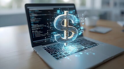 Poster - Glowing dollar sign hologram projected above a laptop symbolizing the concept of digital currency exchange online banking and the future of financial technology  Blurred background creates a focused