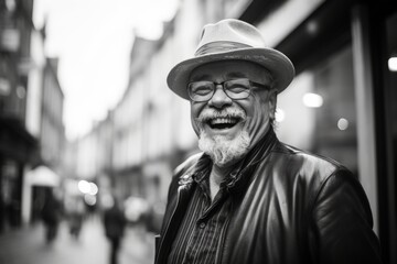 Wall Mural - Portrait of an old man in the city. Black and white.