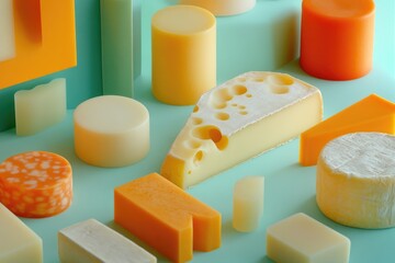 Canvas Print - Various Cheeses on a Light Blue Background