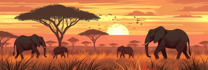 Aufkleber - A family of elephants walks peacefully through the tall grass of the African savanna, illuminated by the vibrant colors of sunset. Generative AI